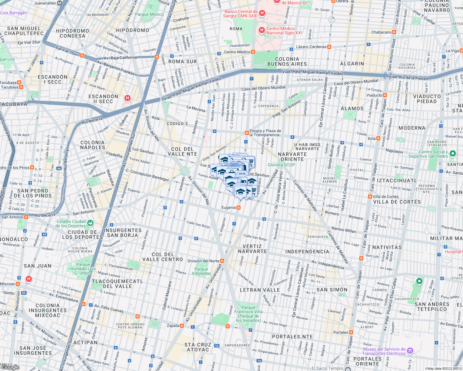 map of restaurants, bars, coffee shops, grocery stores, and more near Calle Pitágoras in Ciudad de México