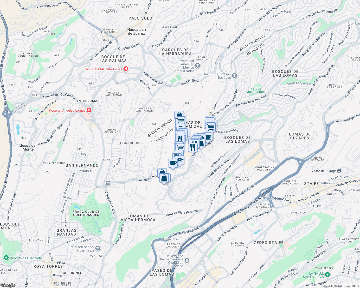 map of restaurants, bars, coffee shops, grocery stores, and more near 510 Avenida Secretaría de Marina in Ciudad de México