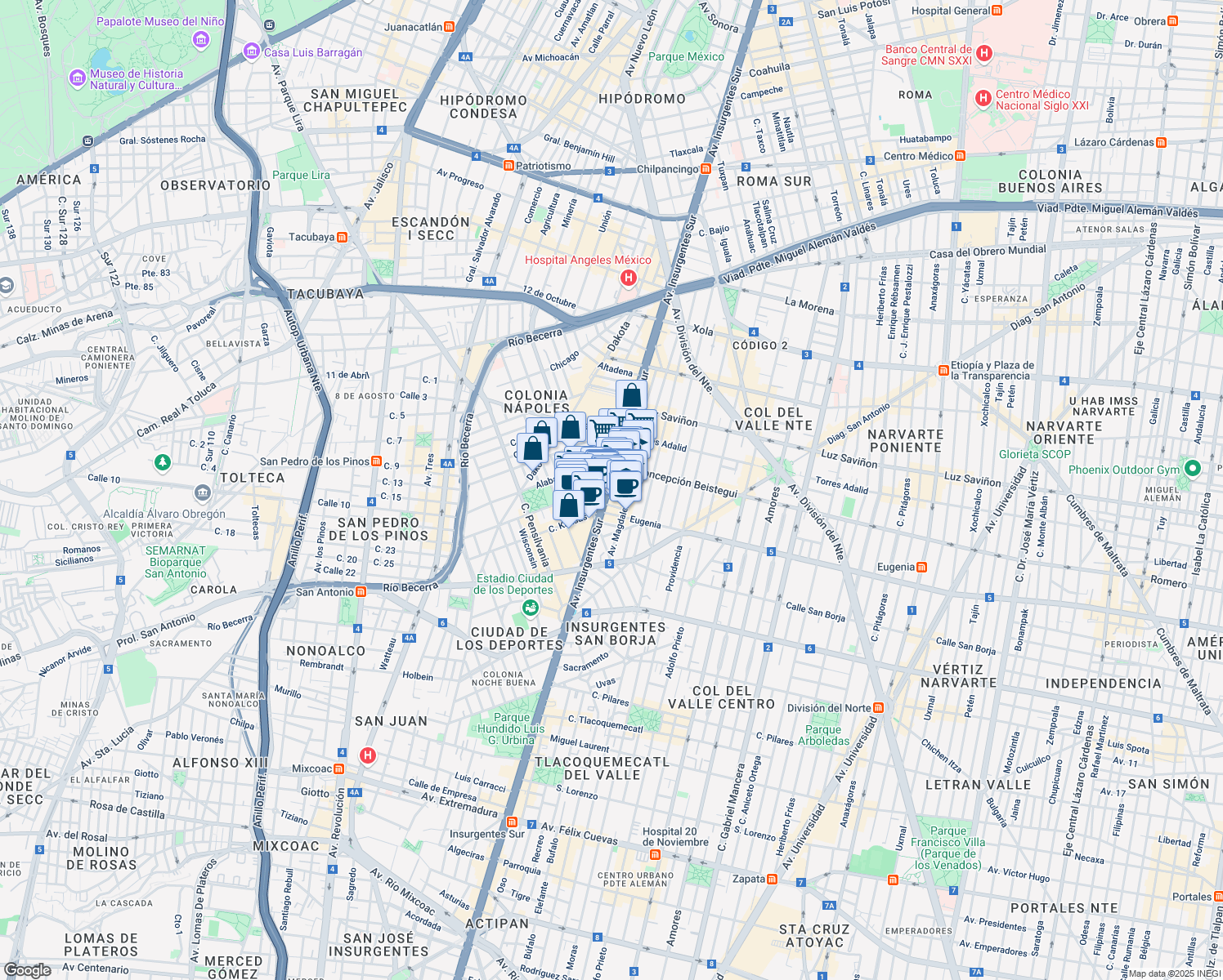 map of restaurants, bars, coffee shops, grocery stores, and more near 810 Avenida Insurgentes Sur in Ciudad de México