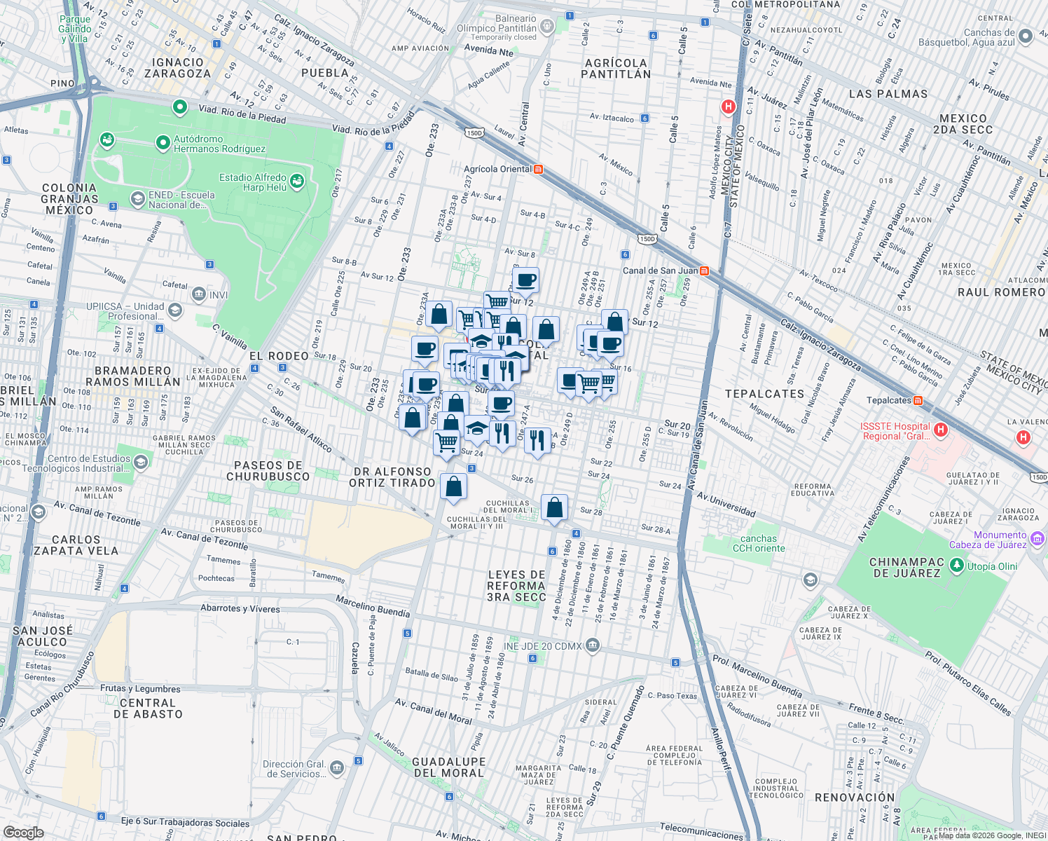 map of restaurants, bars, coffee shops, grocery stores, and more near Oriente 247 in Mexico City