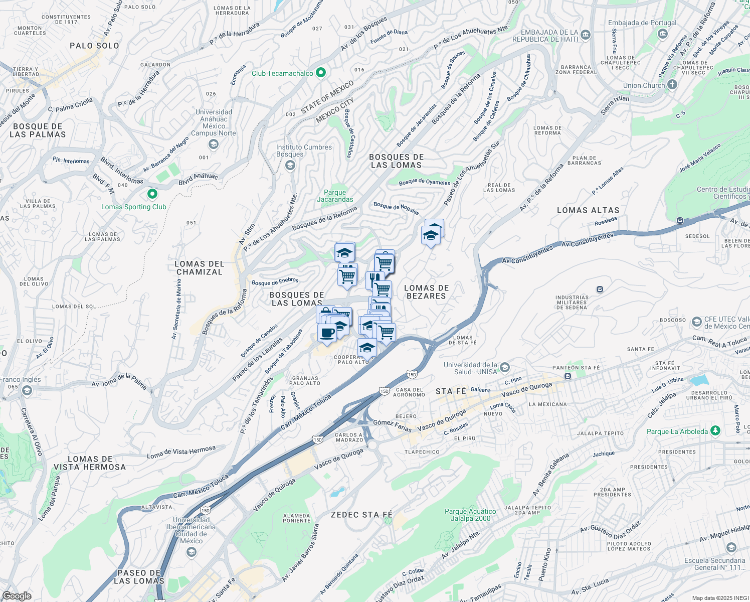 map of restaurants, bars, coffee shops, grocery stores, and more near Calle Paseo de Las Lilas in Ciudad de México