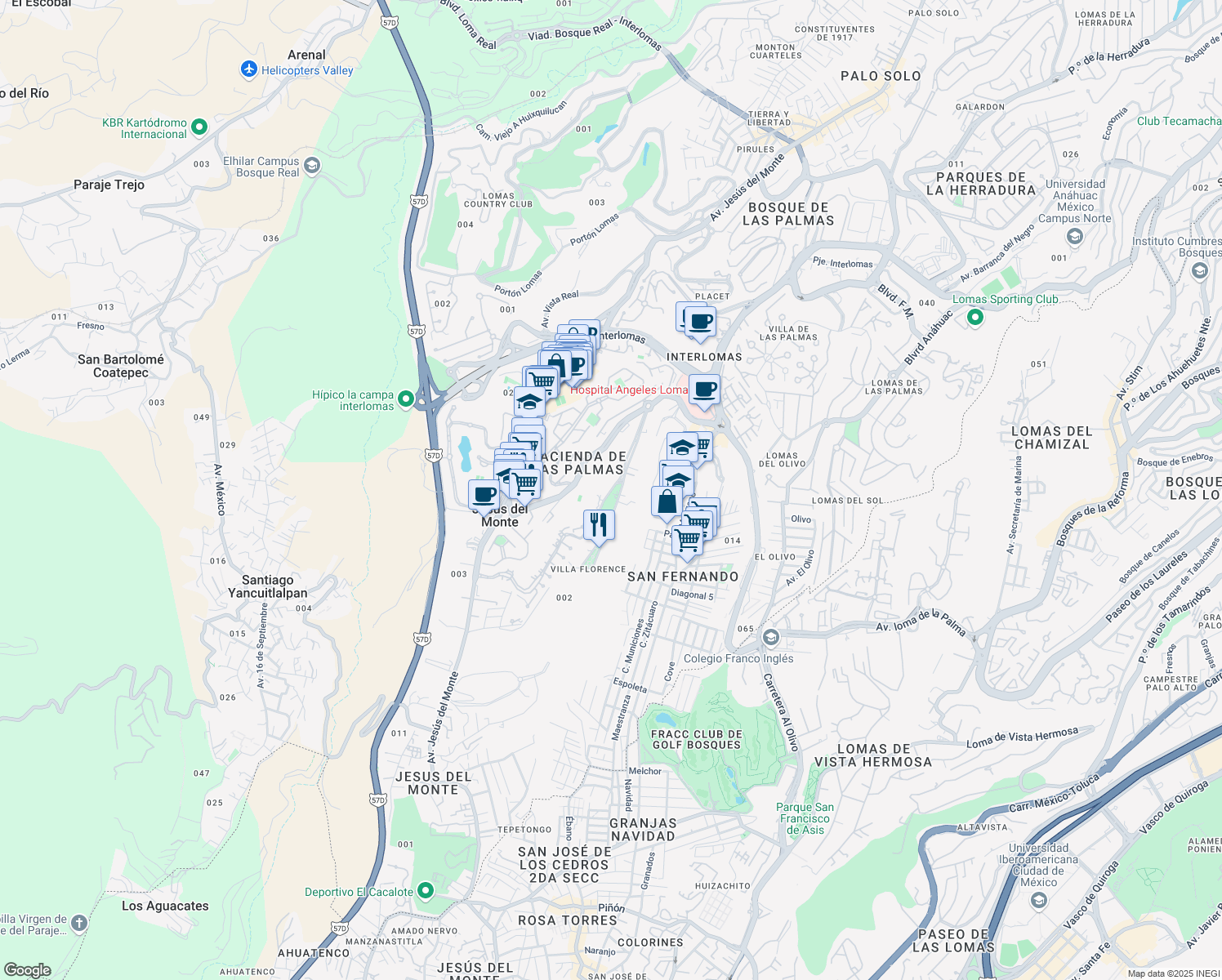 map of restaurants, bars, coffee shops, grocery stores, and more near Hacienda el Ciervo in Jesús del Monte