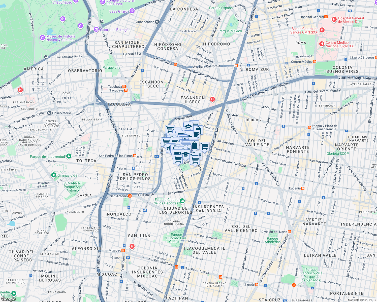 map of restaurants, bars, coffee shops, grocery stores, and more near Dakota in Ciudad de México