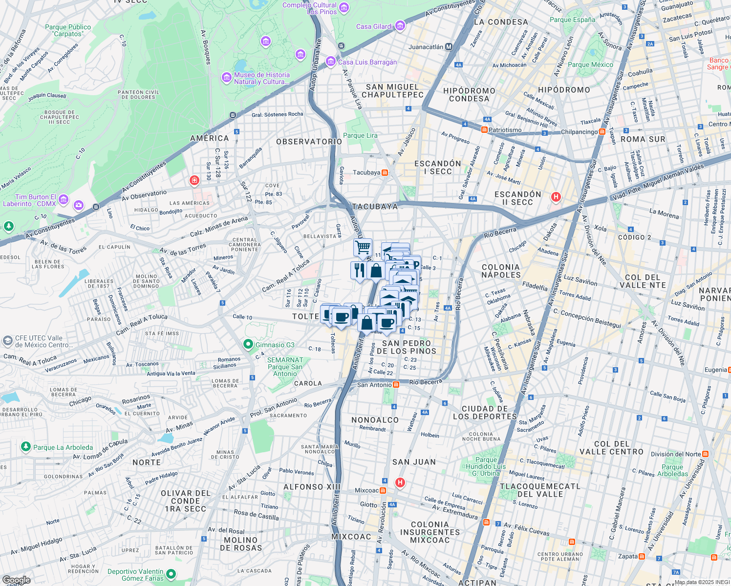 map of restaurants, bars, coffee shops, grocery stores, and more near 428 Anillo Periférico in Ciudad de México
