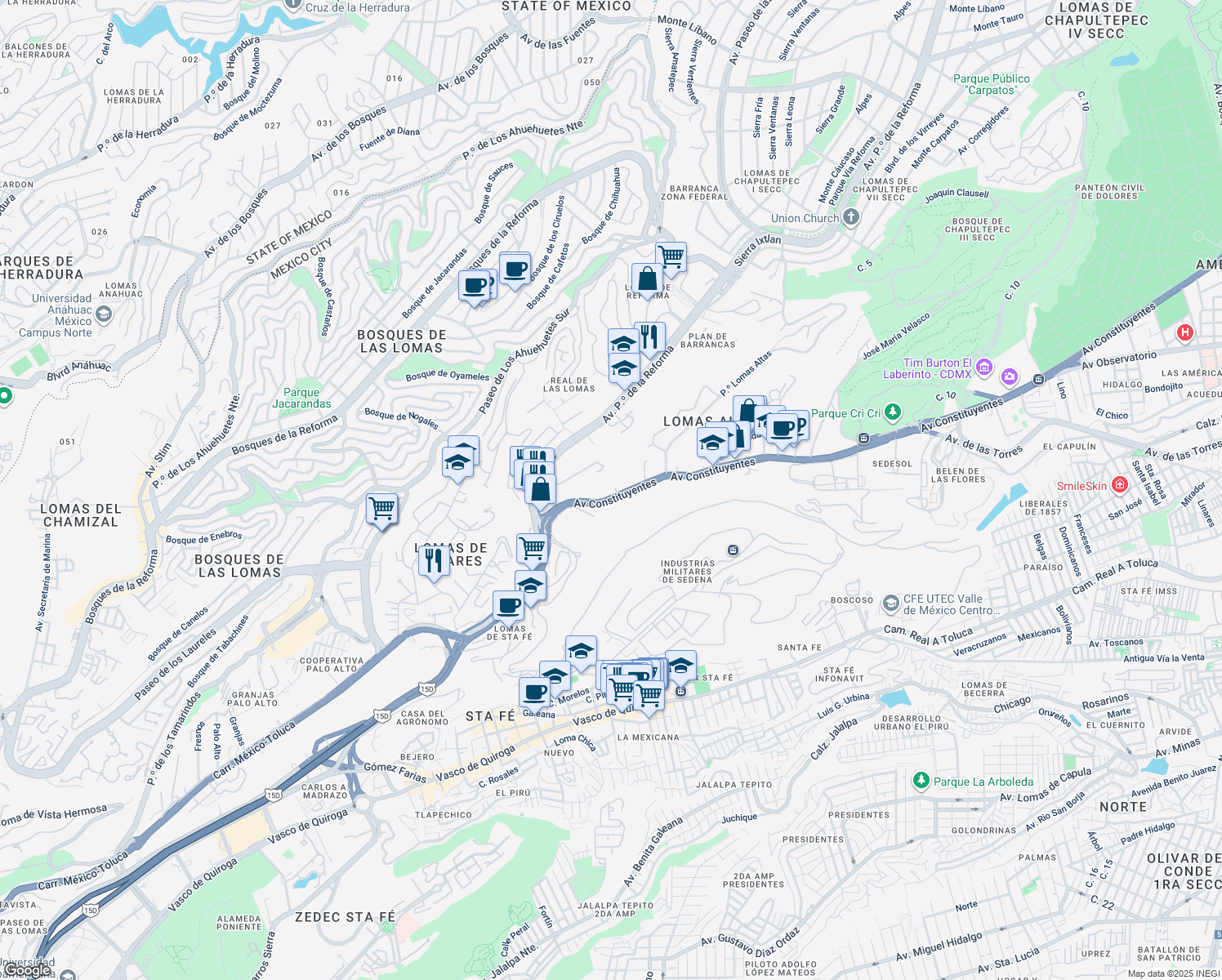 map of restaurants, bars, coffee shops, grocery stores, and more near 1100 Avenida Constituyentes in Ciudad de México
