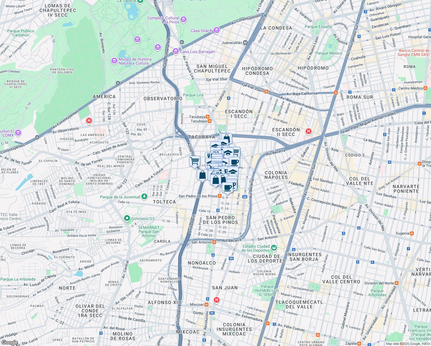 map of restaurants, bars, coffee shops, grocery stores, and more near in Ciudad de México