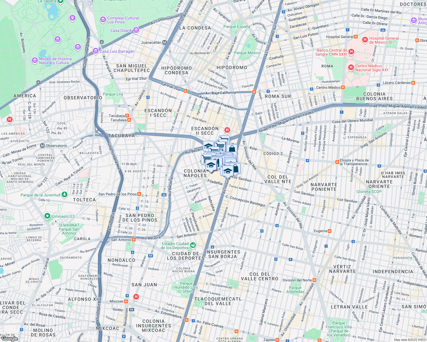 map of restaurants, bars, coffee shops, grocery stores, and more near Dakota in Ciudad de México