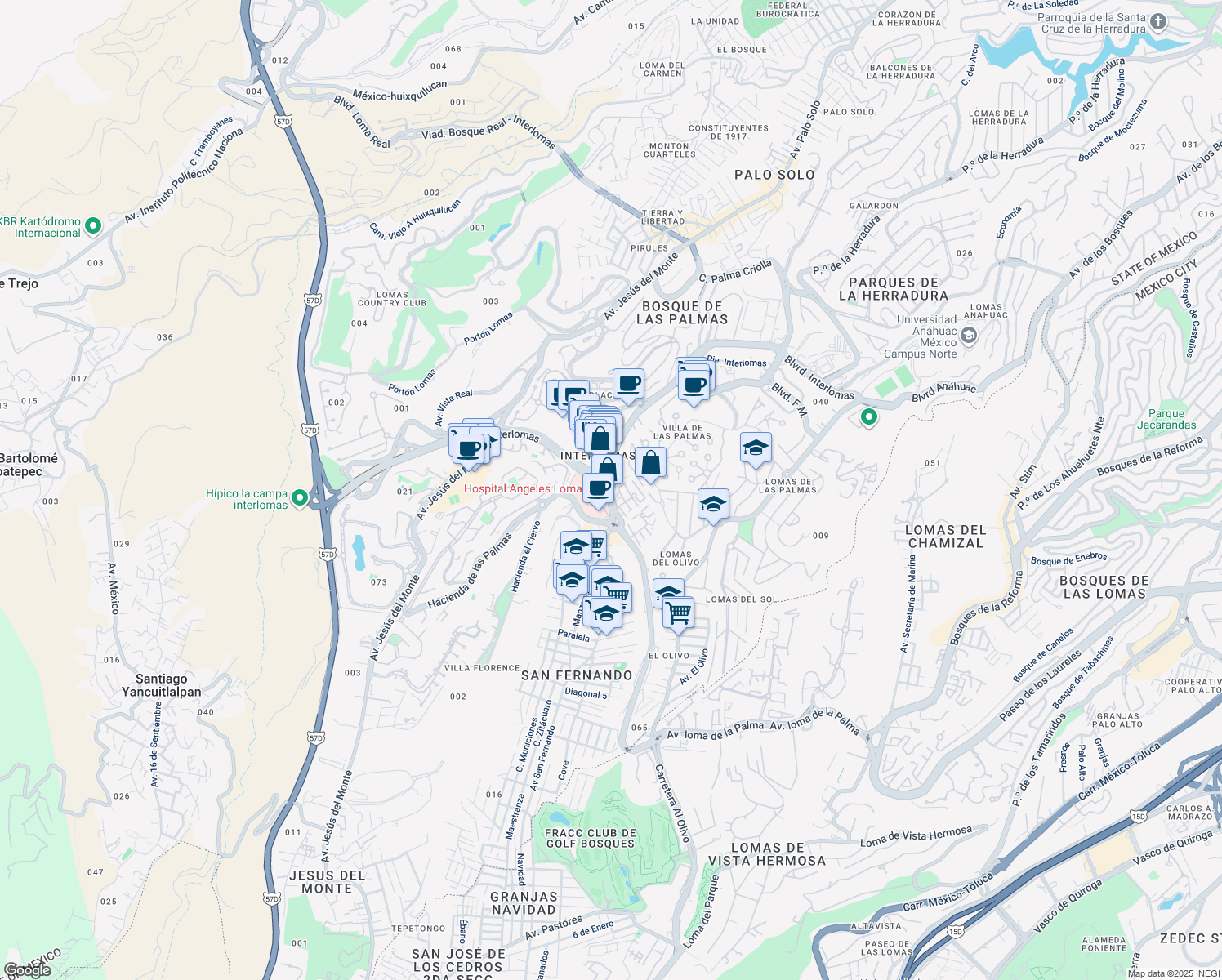 map of restaurants, bars, coffee shops, grocery stores, and more near Vialidad de la Barranca in Naucalpan de Juárez