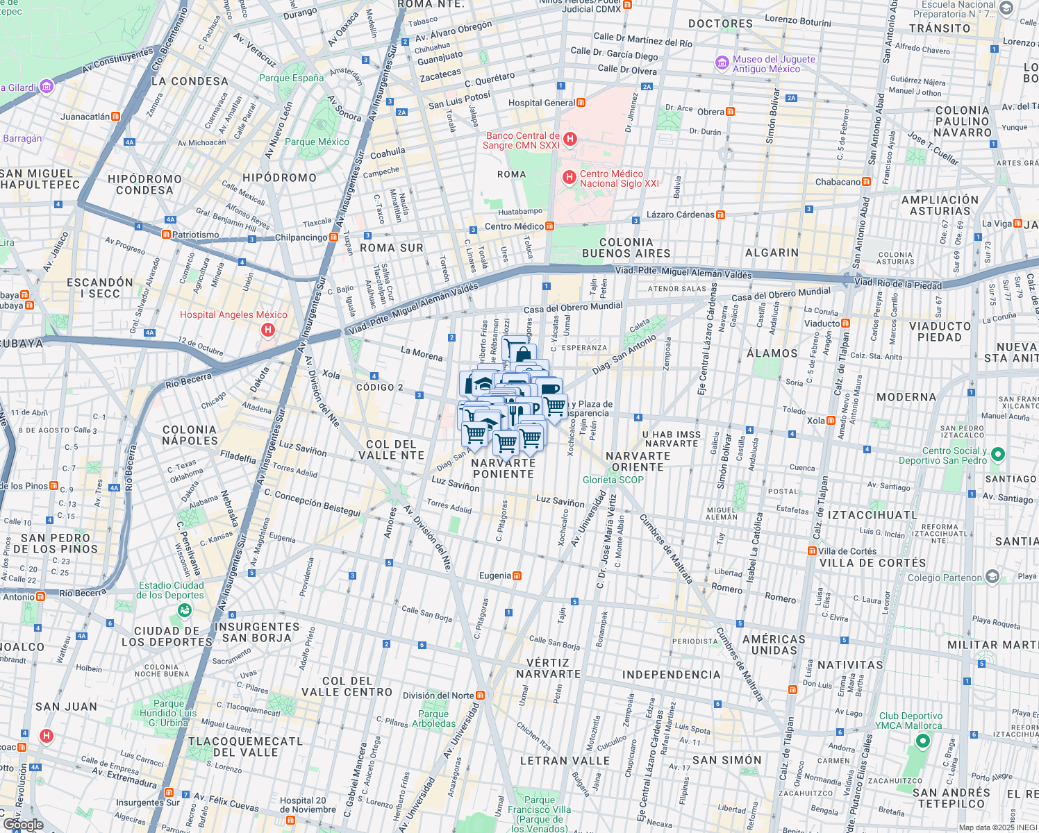 map of restaurants, bars, coffee shops, grocery stores, and more near 1234 Diagonal San Antonio in Ciudad de México