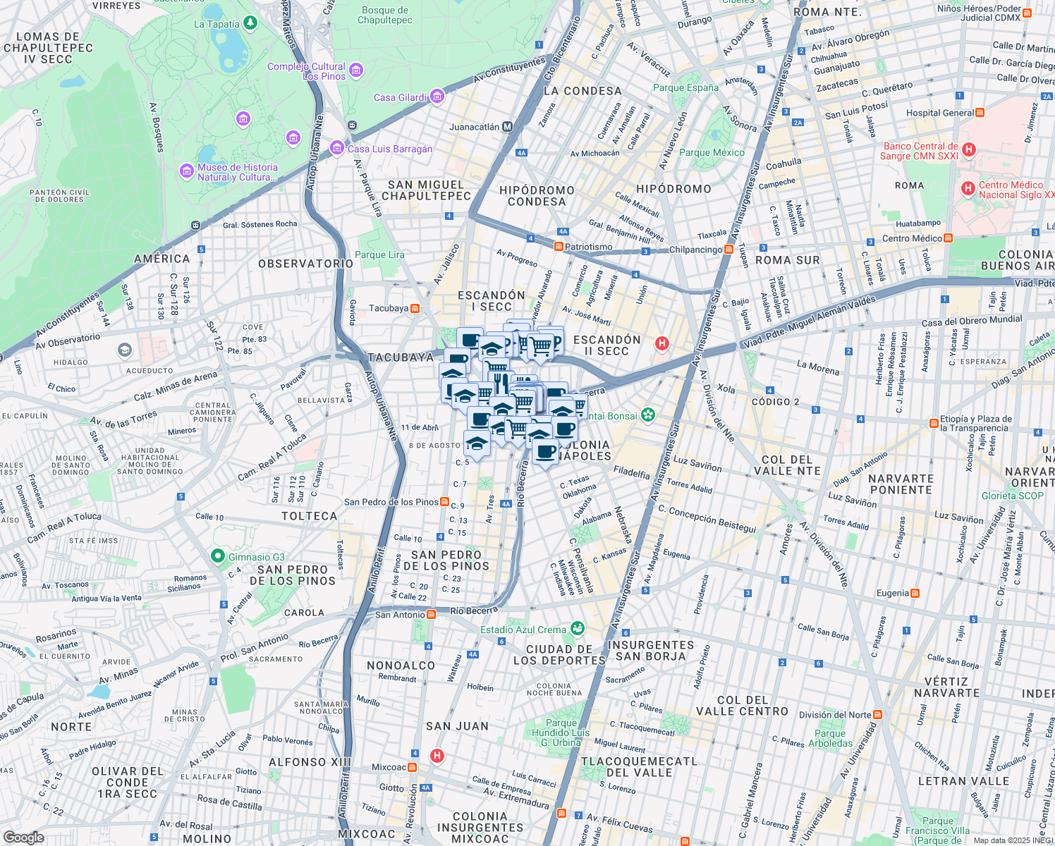 map of restaurants, bars, coffee shops, grocery stores, and more near 221 Avenida Patriotismo in Ciudad de México