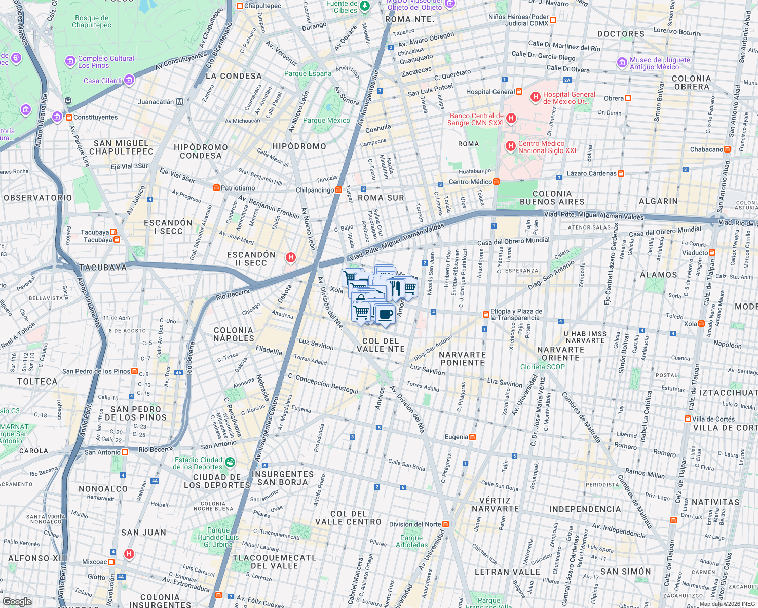 map of restaurants, bars, coffee shops, grocery stores, and more near 535 Xola in Ciudad de México