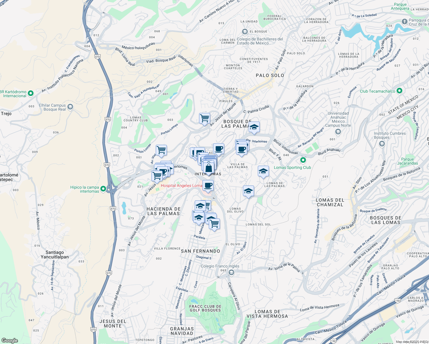 map of restaurants, bars, coffee shops, grocery stores, and more near Vialidad de la Barranca in Naucalpan de Juárez