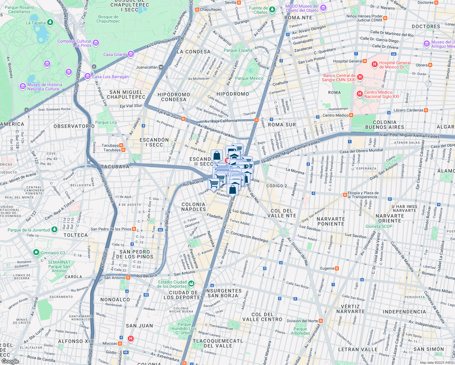 map of restaurants, bars, coffee shops, grocery stores, and more near 29 Vermont in Ciudad de México