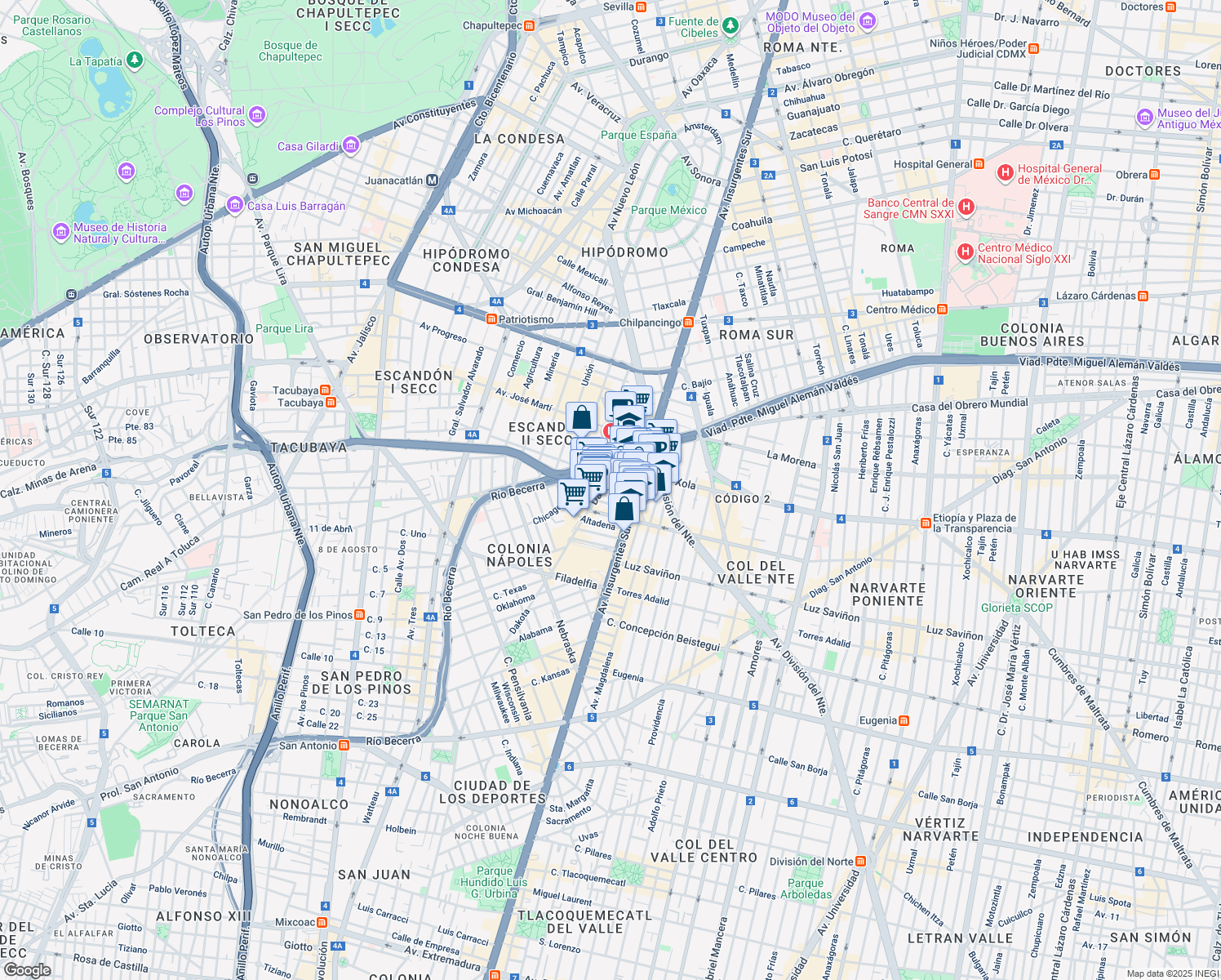 map of restaurants, bars, coffee shops, grocery stores, and more near 29 Vermont in Ciudad de México