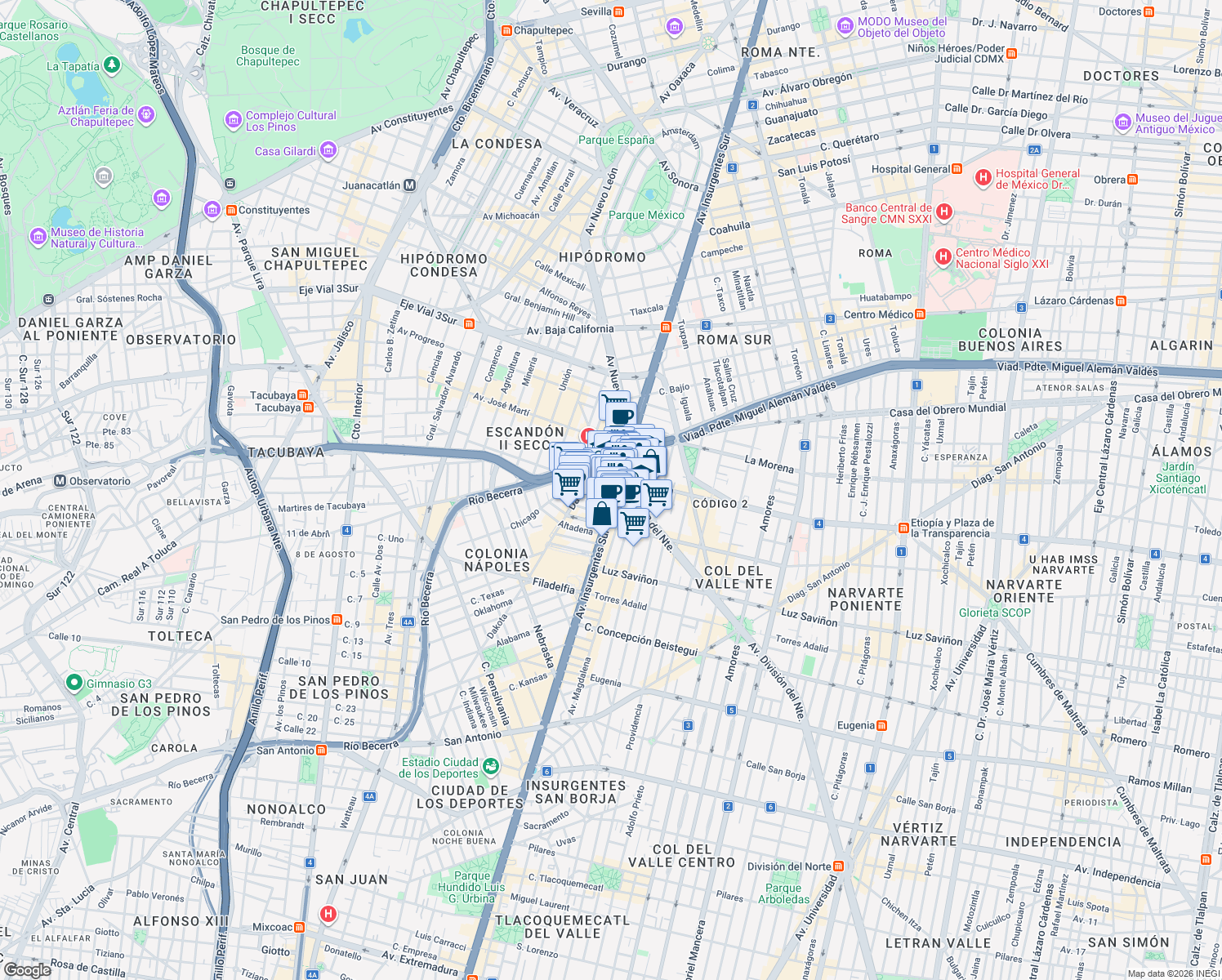map of restaurants, bars, coffee shops, grocery stores, and more near 601 Avenida Insurgentes Sur in Ciudad de México