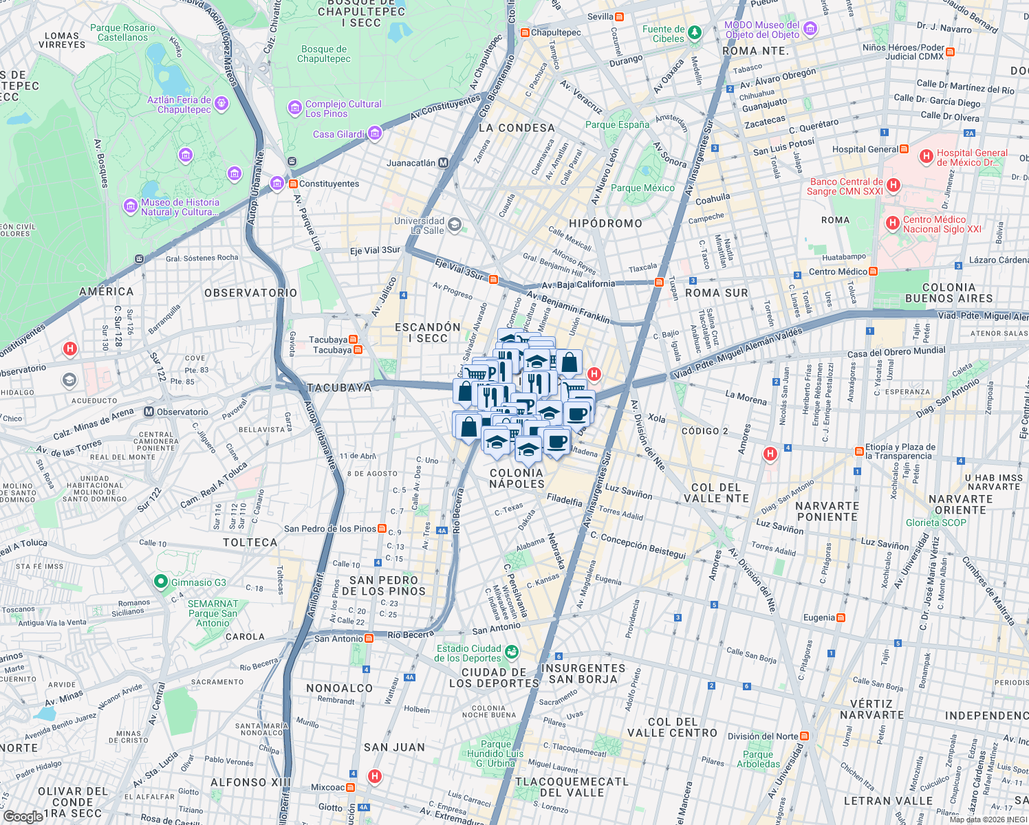 map of restaurants, bars, coffee shops, grocery stores, and more near 145 Minería in Ciudad de México
