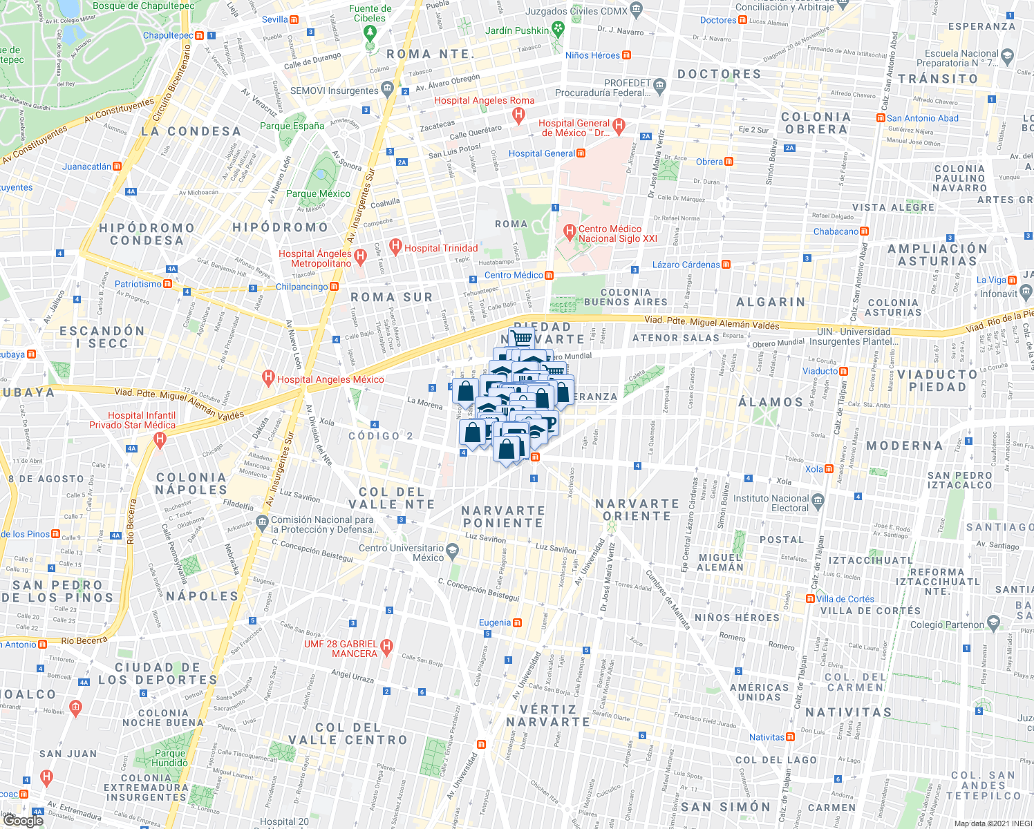 map of restaurants, bars, coffee shops, grocery stores, and more near 804 La Morena in Ciudad de México