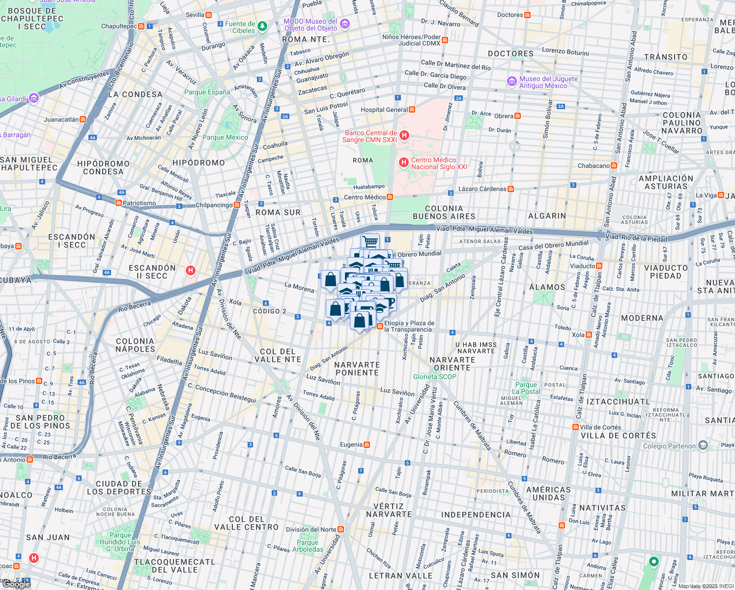 map of restaurants, bars, coffee shops, grocery stores, and more near 804 La Morena in Ciudad de México
