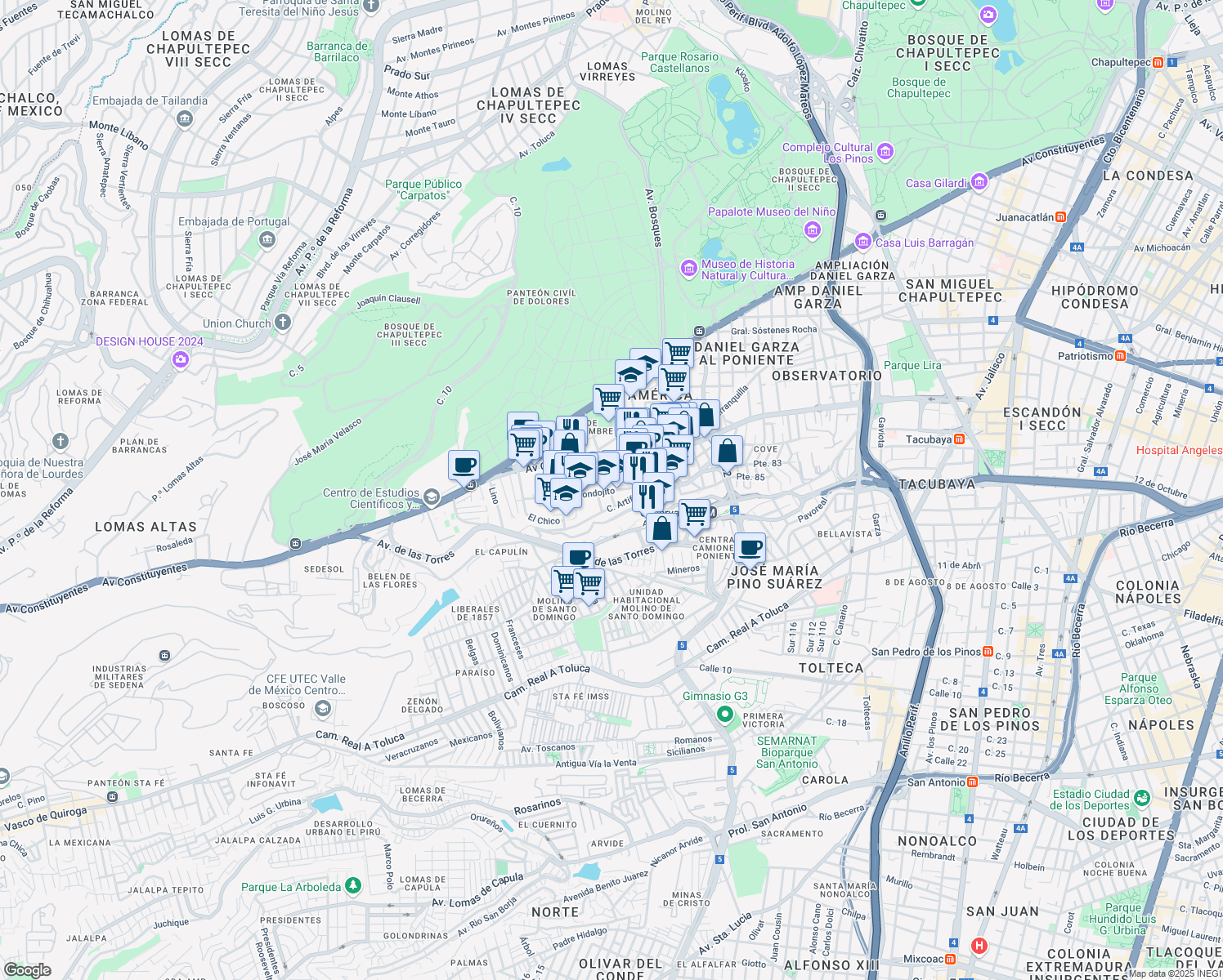 map of restaurants, bars, coffee shops, grocery stores, and more near 215 Bondojito in Ciudad de México