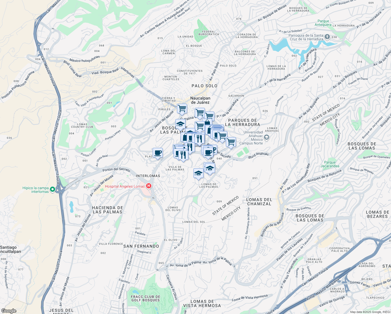 map of restaurants, bars, coffee shops, grocery stores, and more near 8 Boulevard Magnocentro in Naucalpan de Juárez