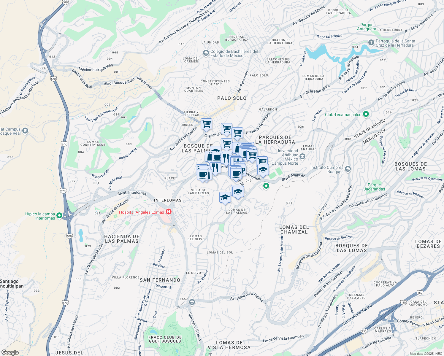 map of restaurants, bars, coffee shops, grocery stores, and more near 8 Boulevard Magnocentro in Naucalpan de Juárez
