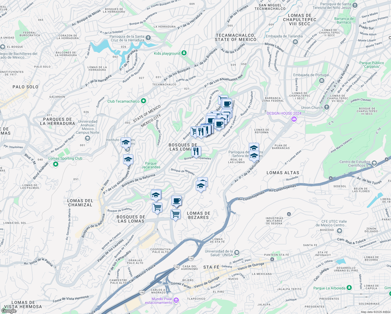 map of restaurants, bars, coffee shops, grocery stores, and more near Bosque de Oyameles in Ciudad de México