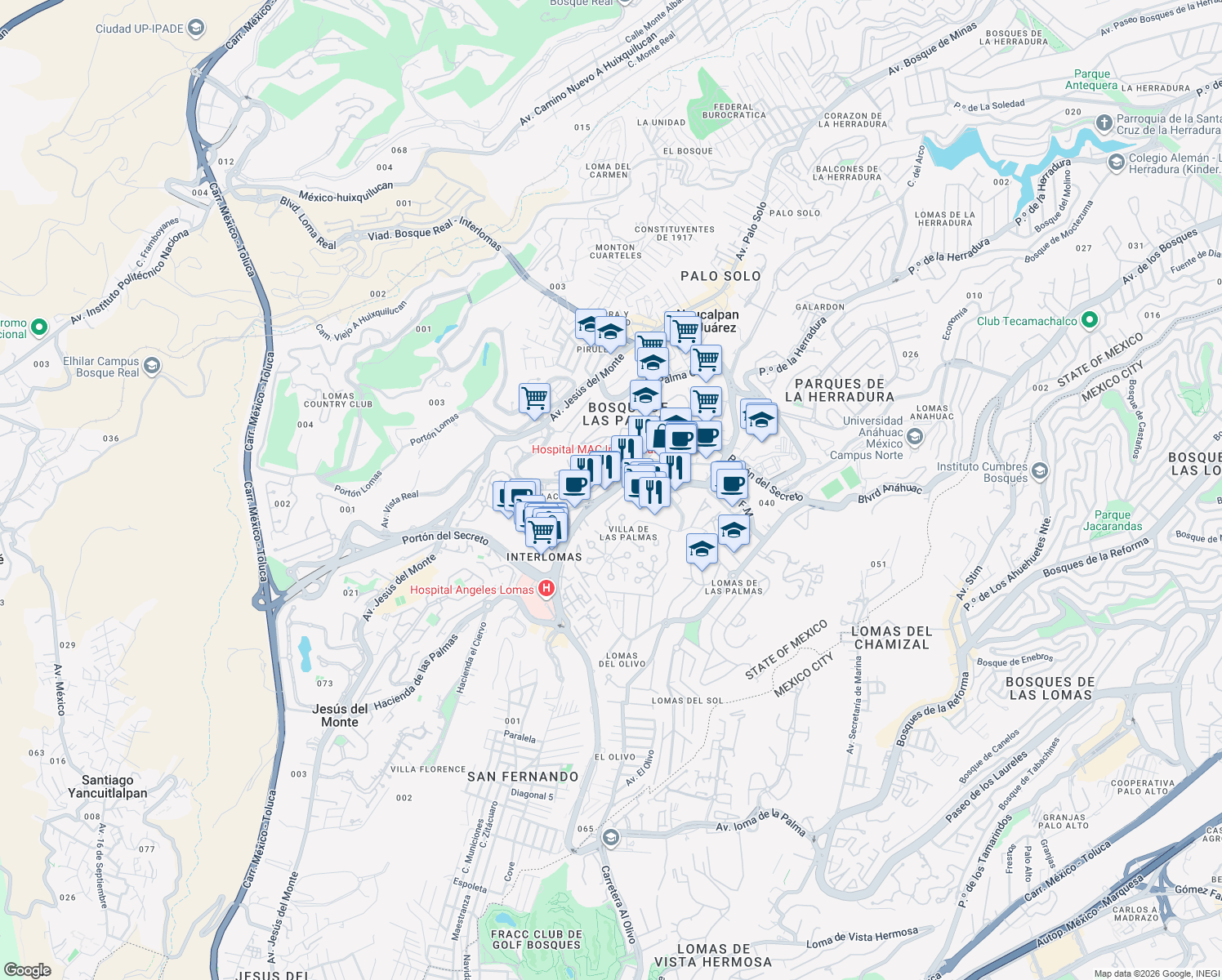 map of restaurants, bars, coffee shops, grocery stores, and more near Interlomas in Naucalpan de Juárez
