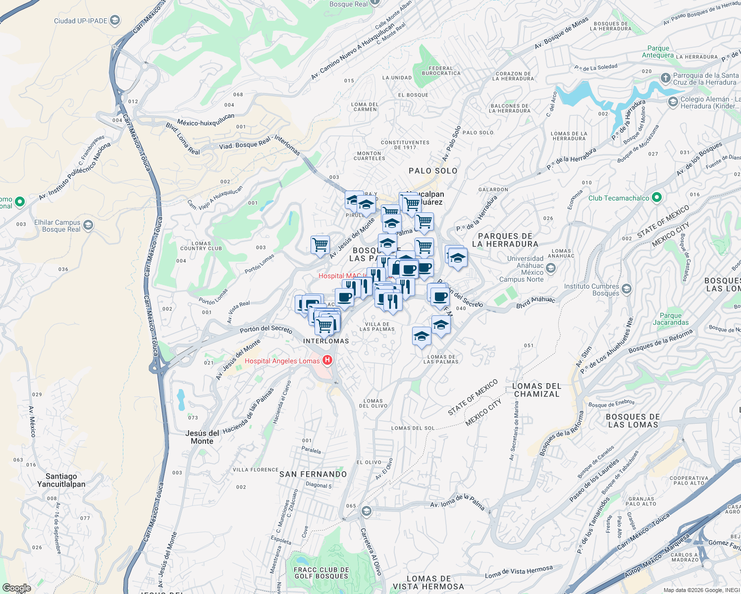 map of restaurants, bars, coffee shops, grocery stores, and more near Interlomas in Naucalpan de Juárez