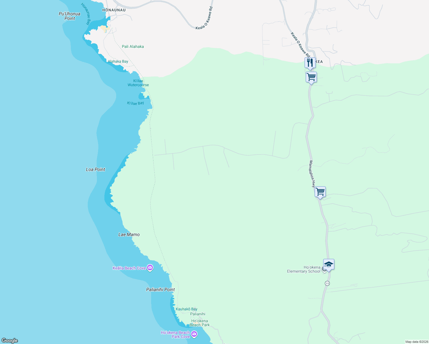 map of restaurants, bars, coffee shops, grocery stores, and more near 85-4466 Kapia Road in Captain Cook