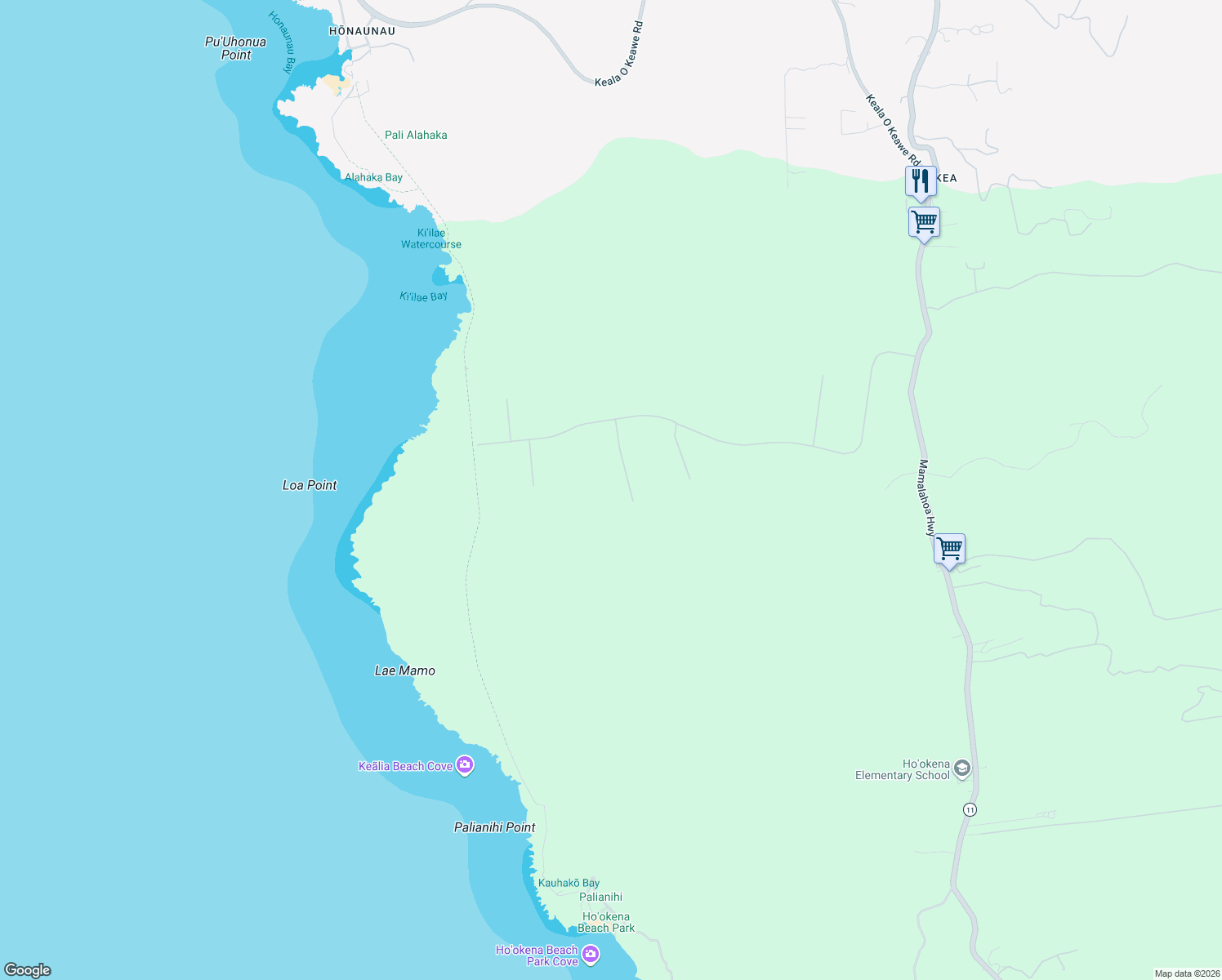 map of restaurants, bars, coffee shops, grocery stores, and more near 85-4466 Kapia Road in Captain Cook