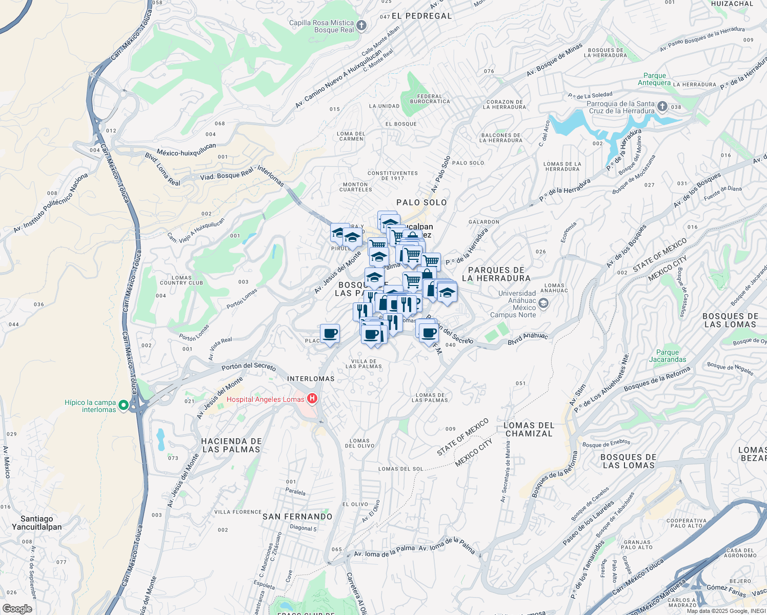 map of restaurants, bars, coffee shops, grocery stores, and more near 5 Via Magna in Ciudad de México