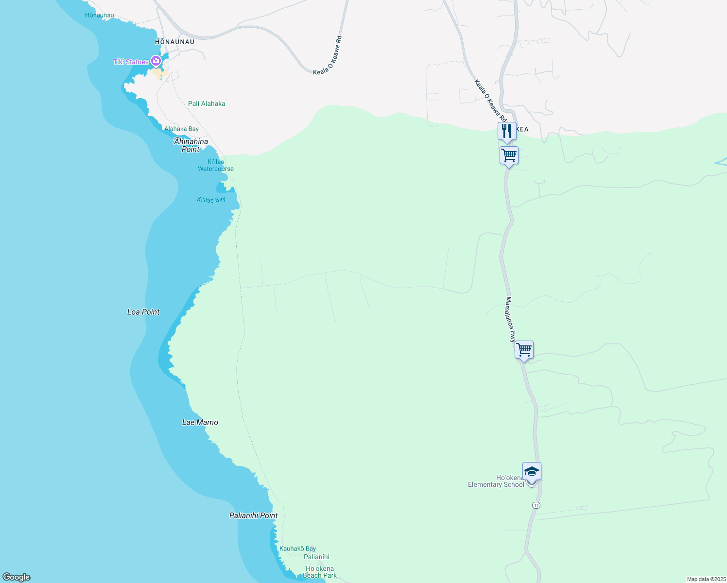map of restaurants, bars, coffee shops, grocery stores, and more near Kalehua Place in Hawaii County