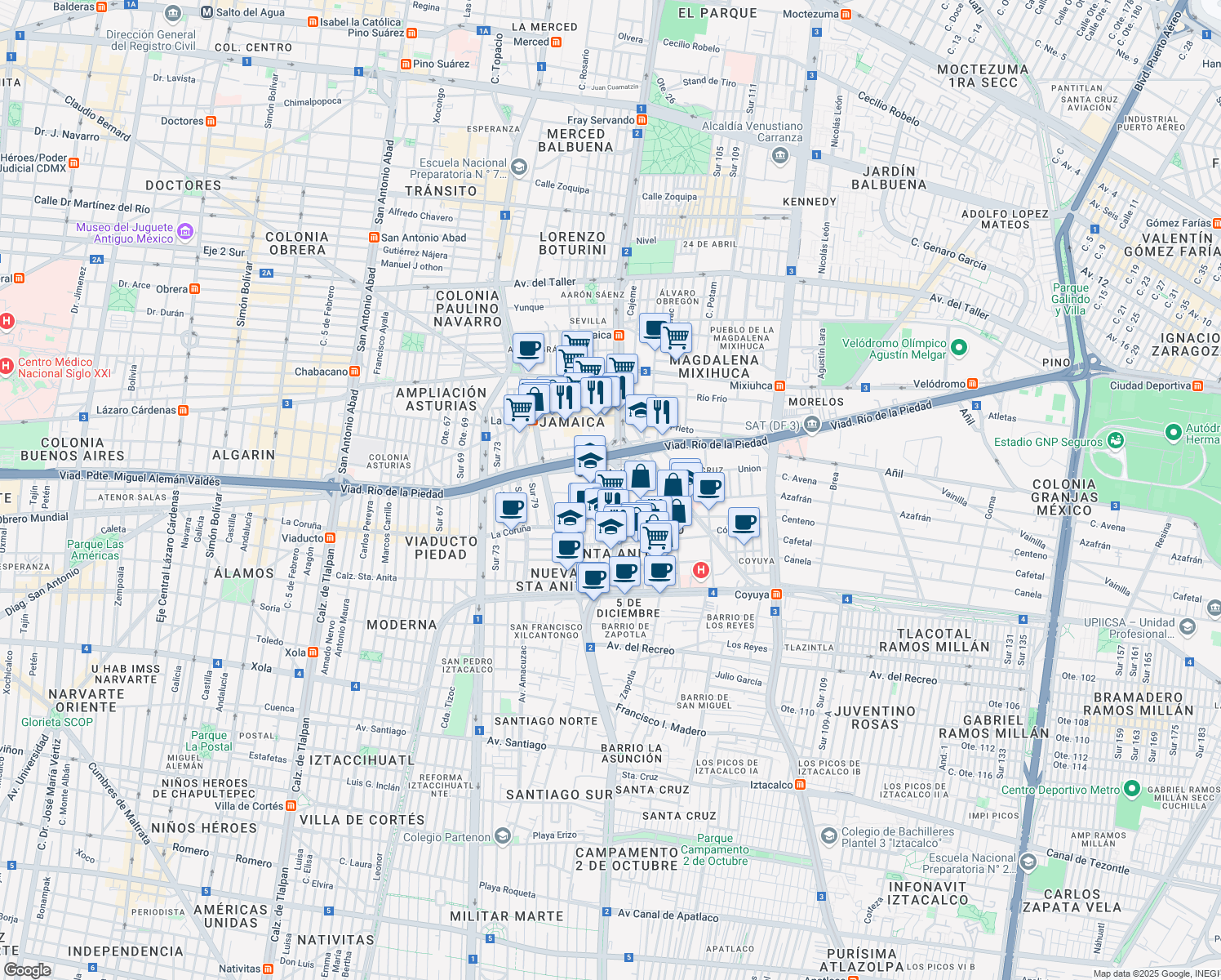 map of restaurants, bars, coffee shops, grocery stores, and more near 93 H.Congreso de la Unión in Ciudad de México