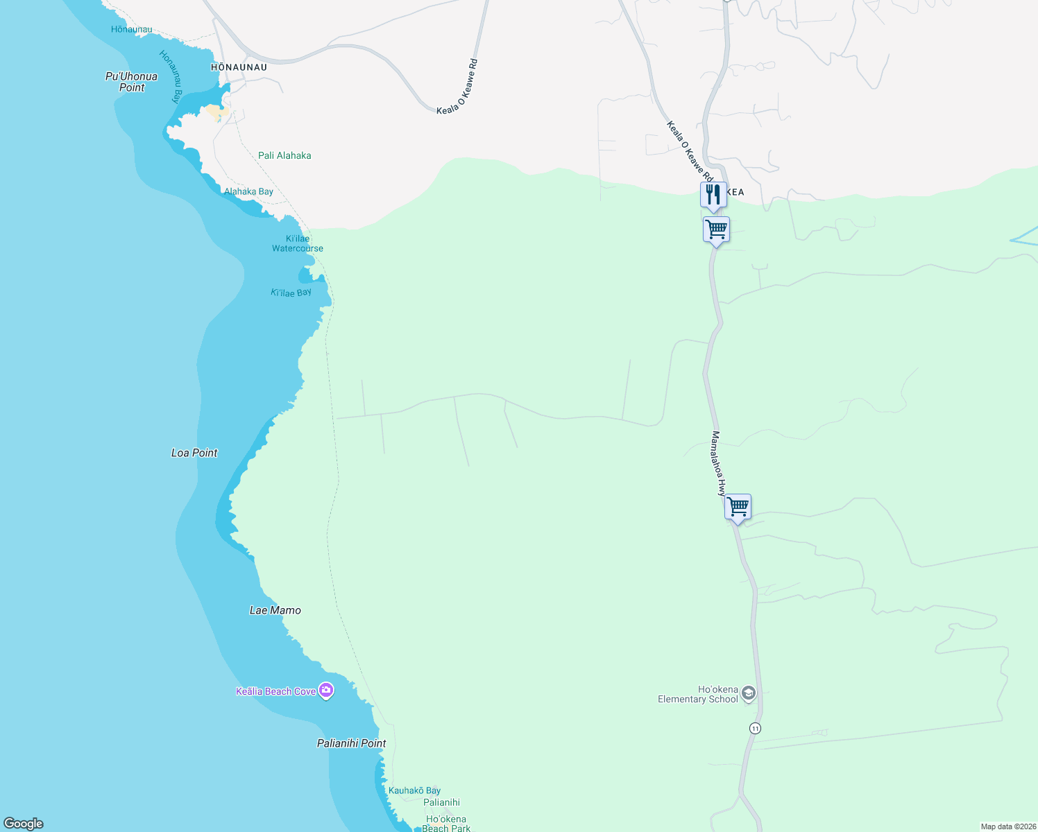 map of restaurants, bars, coffee shops, grocery stores, and more near 85-5322 Kiilae Road in Captain Cook