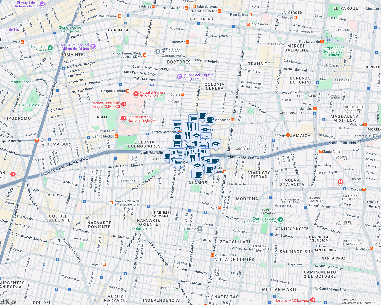 map of restaurants, bars, coffee shops, grocery stores, and more near Simón Bolívar in Ciudad de México