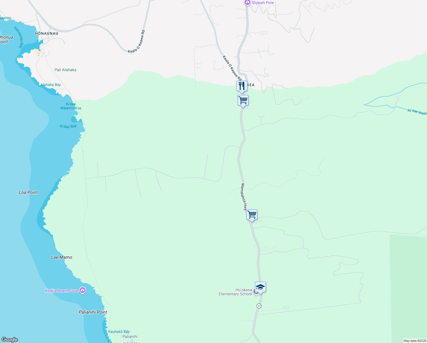 map of restaurants, bars, coffee shops, grocery stores, and more near 85-5182 Kiilae Road in Captain Cook