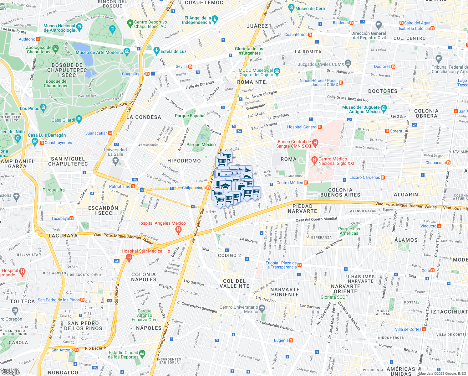 map of restaurants, bars, coffee shops, grocery stores, and more near 123 Calle Manzanillo in Ciudad de México