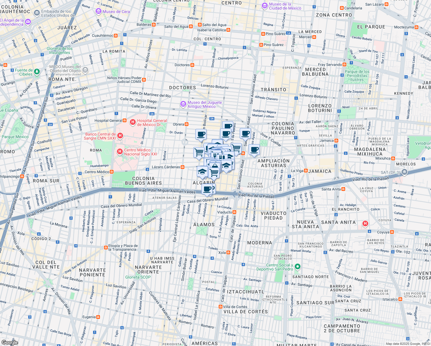 map of restaurants, bars, coffee shops, grocery stores, and more near Isabel La Católica in Ciudad de México