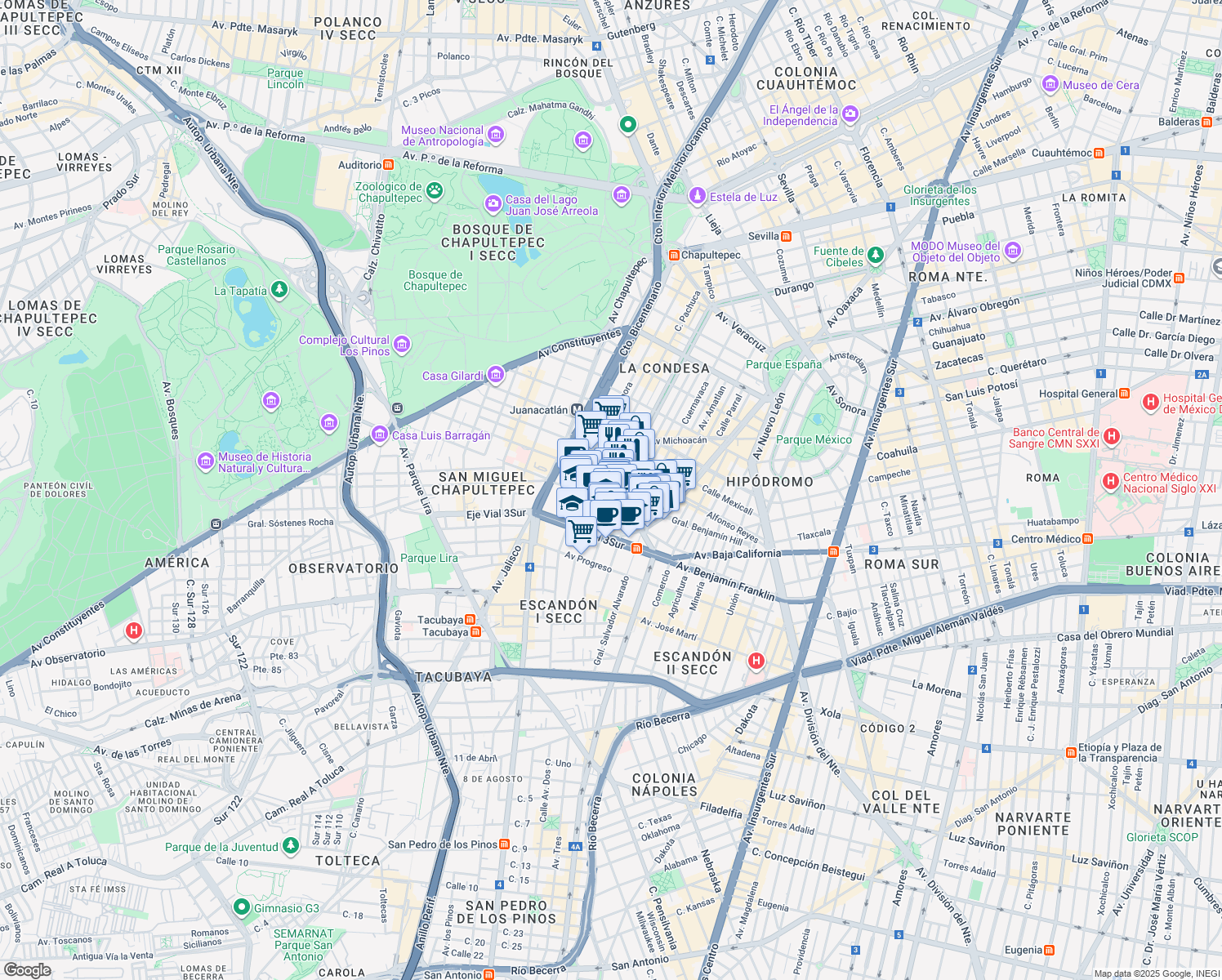 map of restaurants, bars, coffee shops, grocery stores, and more near in Mexico City