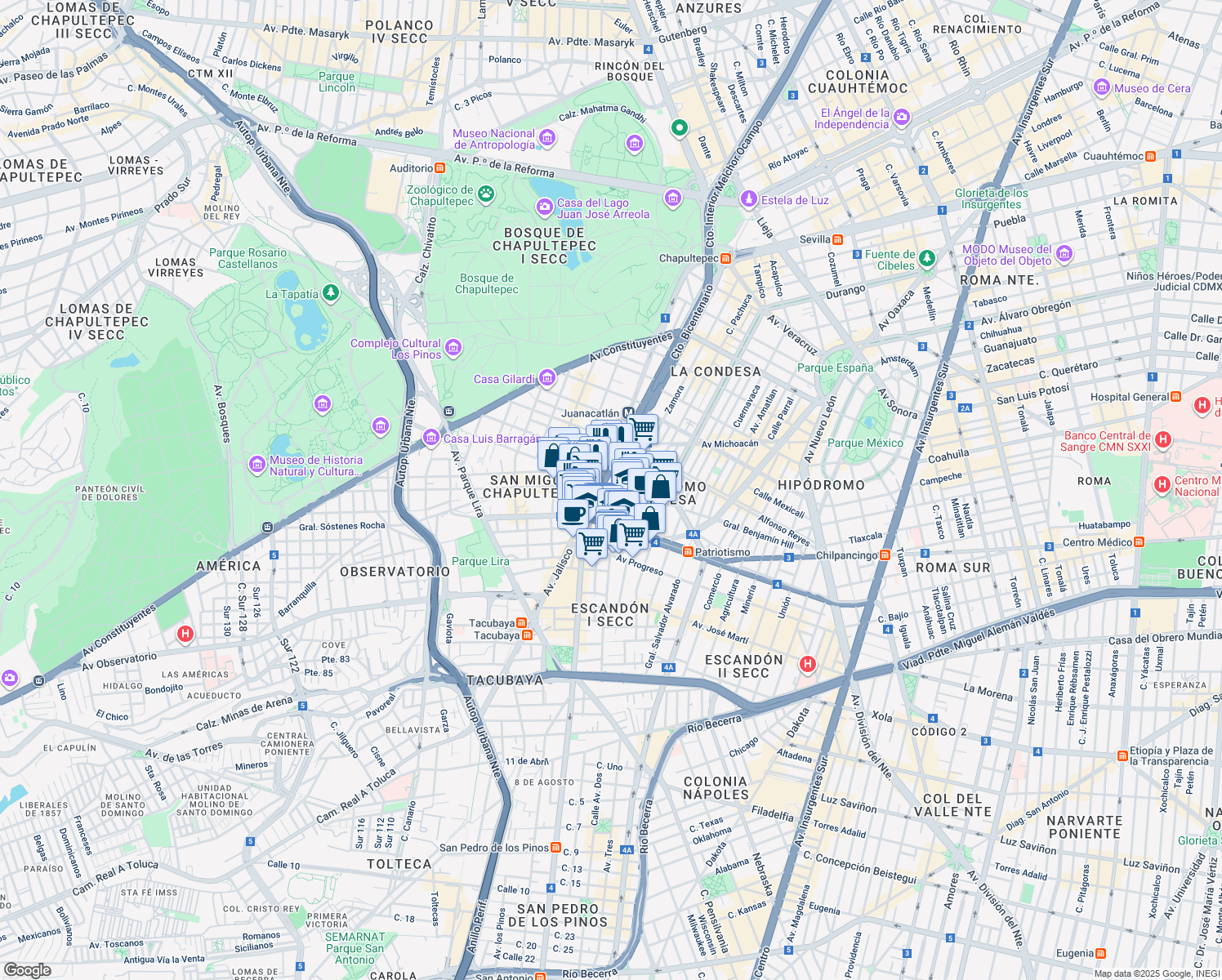 map of restaurants, bars, coffee shops, grocery stores, and more near 1 General Benjamín Hill in Ciudad de México