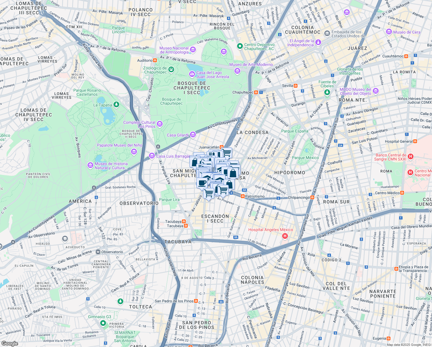 map of restaurants, bars, coffee shops, grocery stores, and more near 1 General Benjamín Hill in Ciudad de México