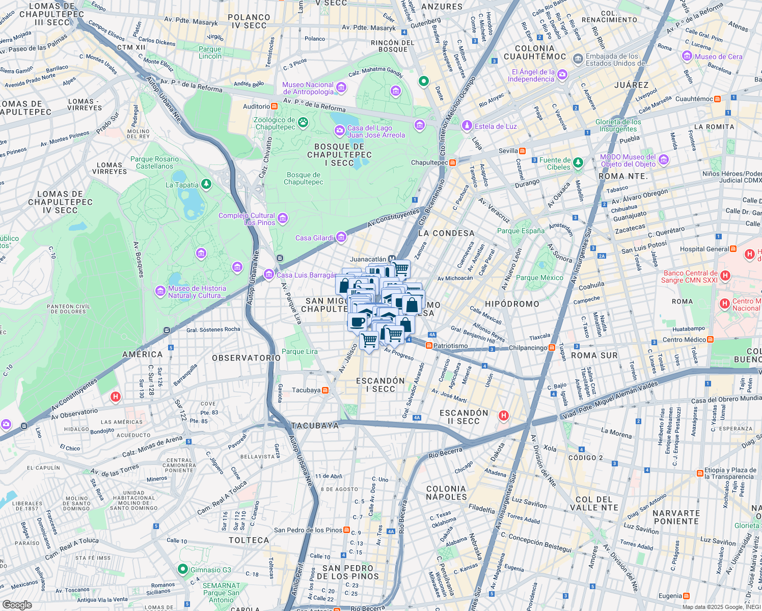 map of restaurants, bars, coffee shops, grocery stores, and more near 1 General Benjamín Hill in Ciudad de México