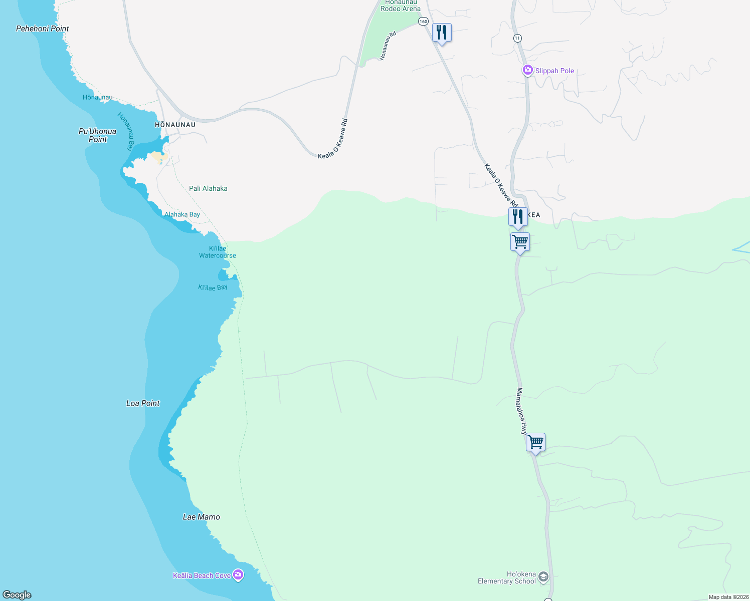 map of restaurants, bars, coffee shops, grocery stores, and more near 82 Hawaii Belt Road in Captain Cook