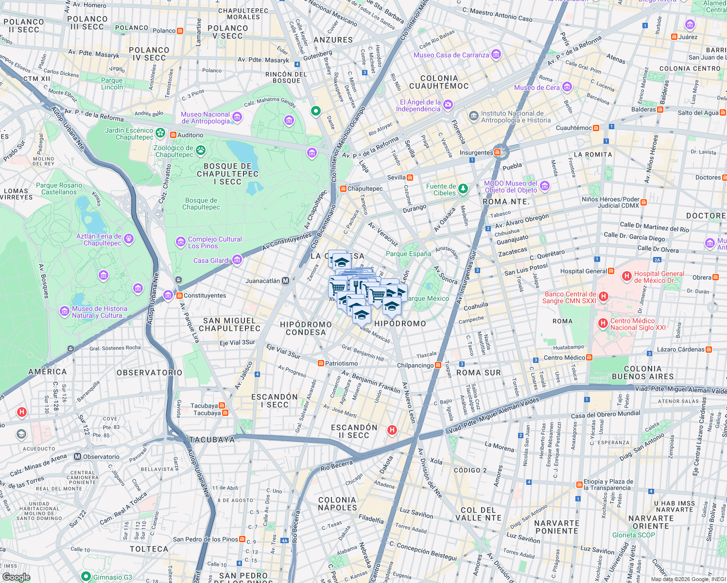 map of restaurants, bars, coffee shops, grocery stores, and more near 91 Calle Atlixco in Ciudad de México