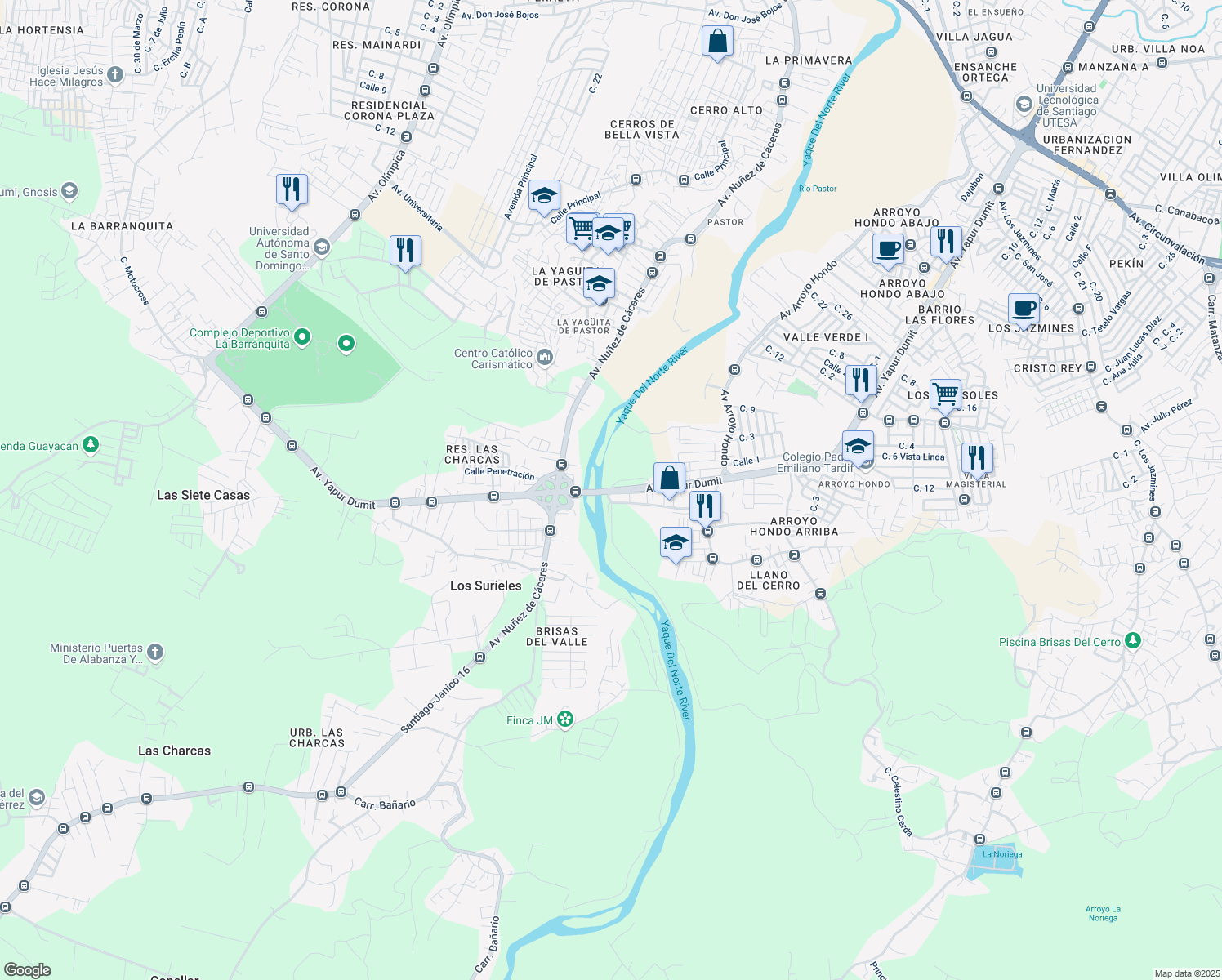 map of restaurants, bars, coffee shops, grocery stores, and more near Puente Ercilia Pepín in Santiago De Los Caballeros