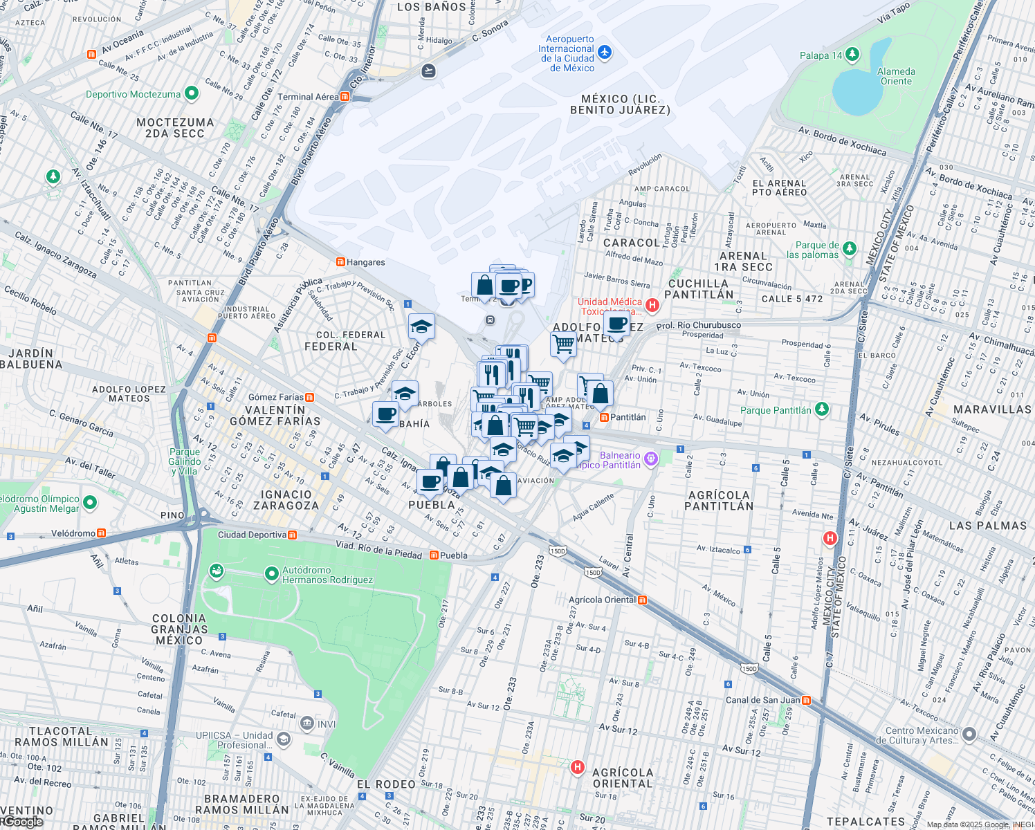 map of restaurants, bars, coffee shops, grocery stores, and more near 150 Calle Luis Bleriot in Ciudad de México