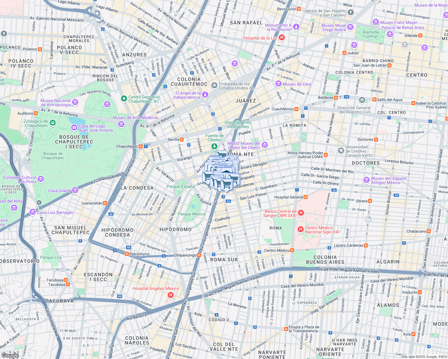 map of restaurants, bars, coffee shops, grocery stores, and more near 280 Avenida Insurgentes Sur in Ciudad de México