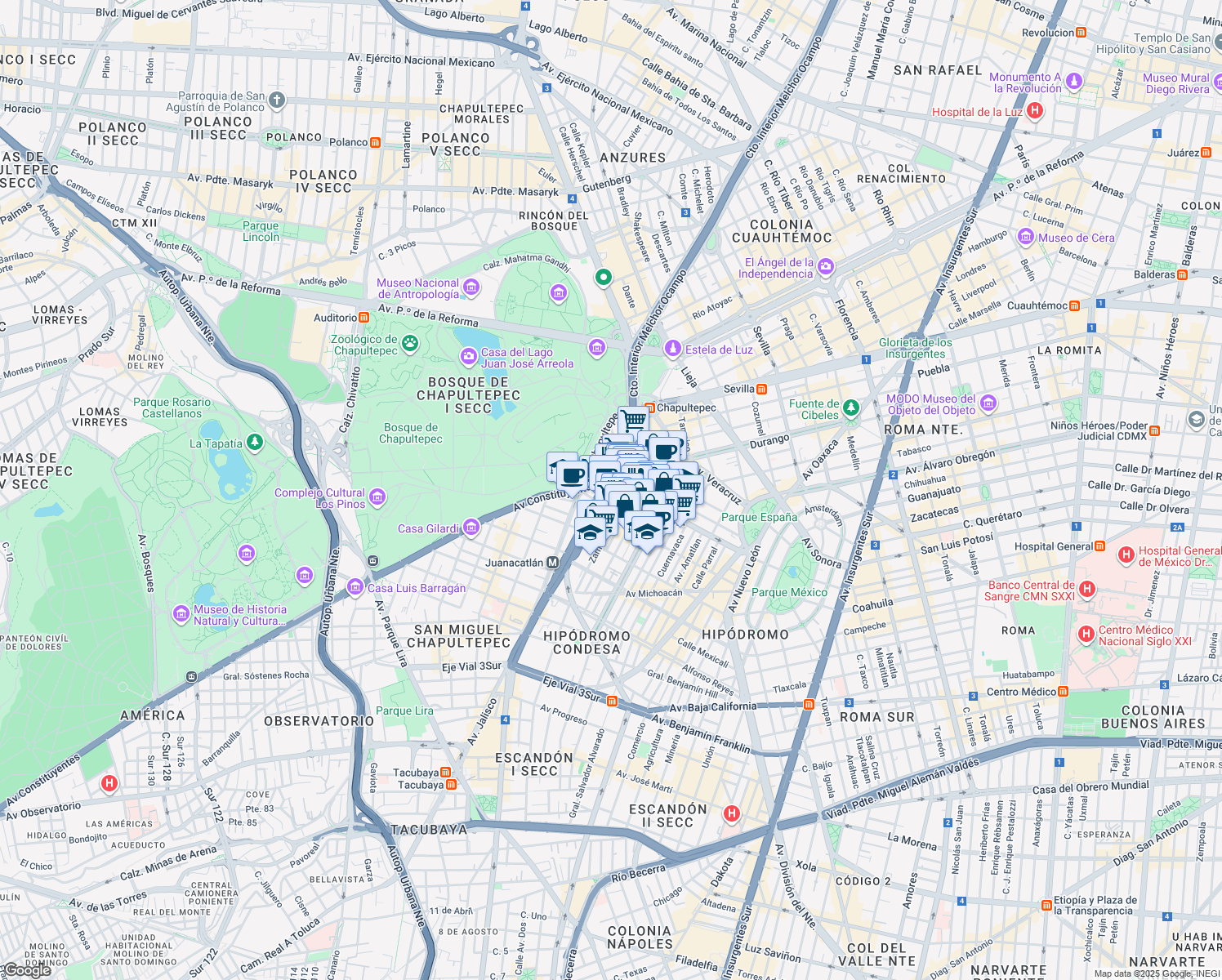 map of restaurants, bars, coffee shops, grocery stores, and more near in Ciudad de México