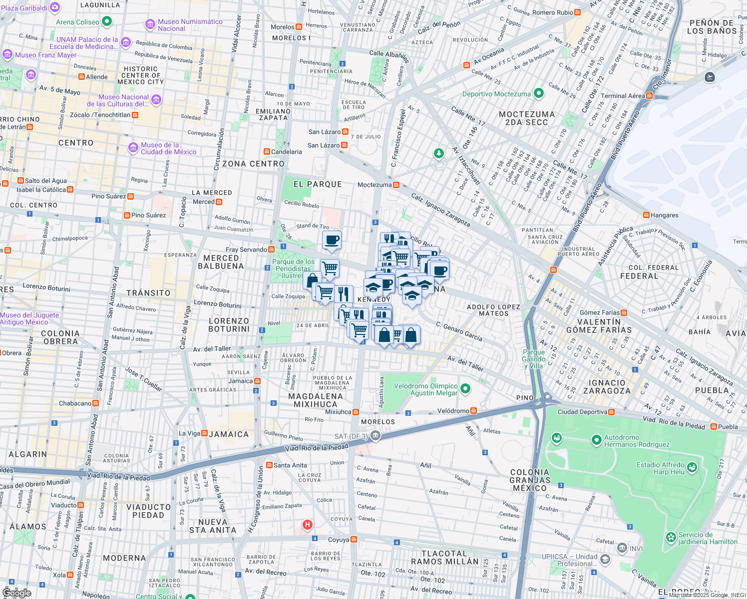 map of restaurants, bars, coffee shops, grocery stores, and more near in Ciudad de México
