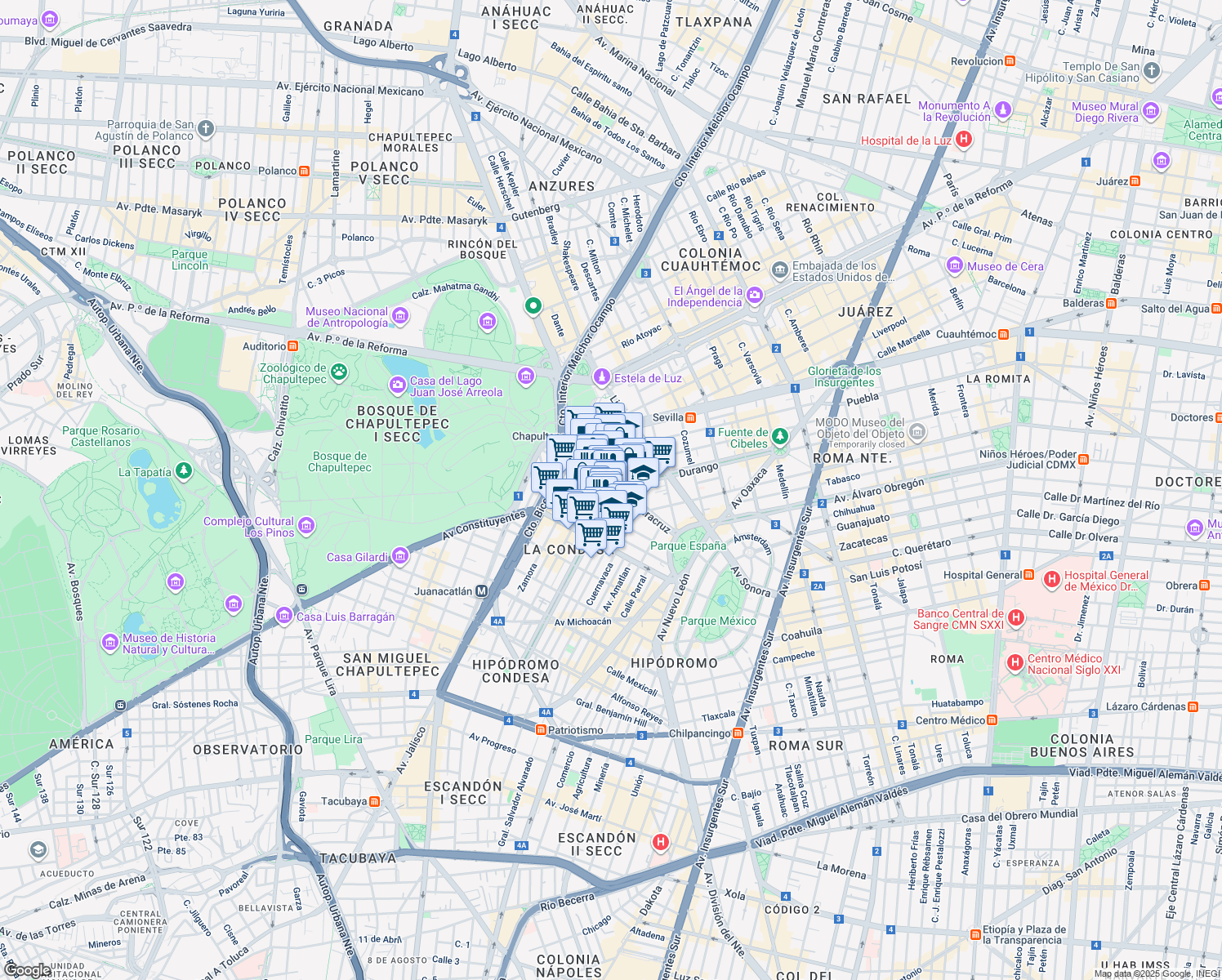 map of restaurants, bars, coffee shops, grocery stores, and more near 6 Agustín Melgar in Ciudad de México